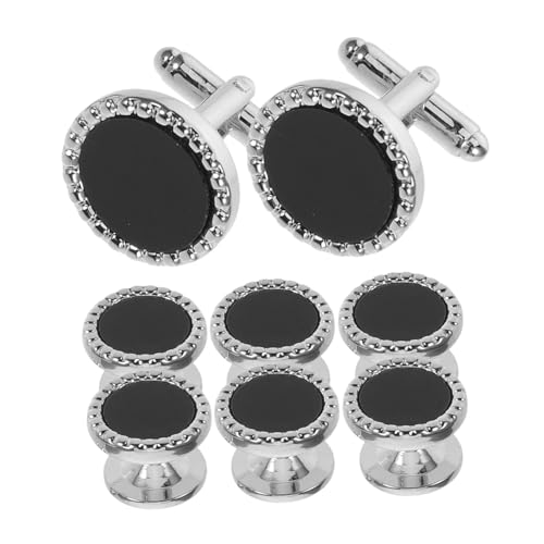 NIYANGLE 8 Stück Teiliges Schwarzes Kunststoff Manschettenknöpfe und Runde Hemdknöpfe für Herren Klassische Vintage-optik Hochwertige Verarbeitung für Hochzeitsanzüge Smoking und Formelle von NIYANGLE
