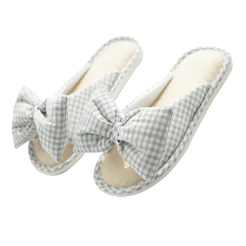 NIYANGLE Atmungsaktive Damen Fischmaul Hausschuhe mit Schleifen Rutschfest Dicke Sohle Leichte Sommer Slipper für Gemütlichen Indoor Look Baumwoll Leinen Material von NIYANGLE