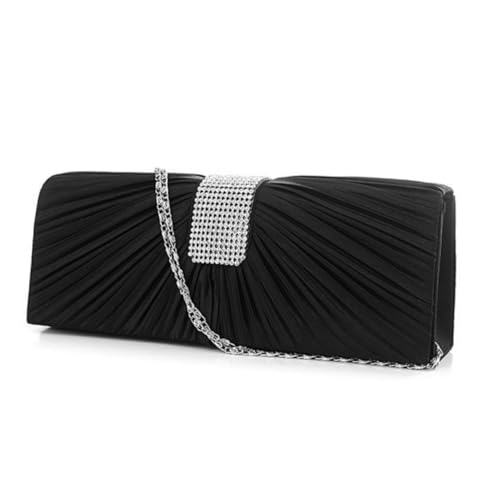 NIYANGLE Damen Clutch mit Strassbesatz Faltendes Frontdesign Satinmaterial Magnetverschluss Versteckte Ketten für Schulter Umhängetasche für Hochzeit Abend Ballkleider Schwarz von NIYANGLE