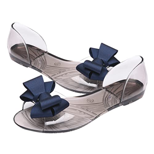 NIYANGLE Damen Flache Jelly Sandalen mit Bowknot Schleife Sommer Strand Schuhe Atmungsaktiv Dunkelblau von NIYANGLE