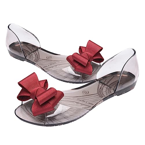 NIYANGLE Damen Flache Jelly Sandalen mit Schleife Sommer Strand Schuhe Rote Leichte Mode Sandaletten für Alltag und Urlaub von NIYANGLE