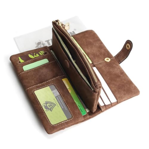 NIYANGLE Damen Geldbörse Mittelgroß aus PU Material mit Reißverschluss und Druckknopf Mehrere Fächer Eleganter Spitzenbesatz Braun Praktischer Damen Geldbeutel für Alltag und Freizeit von NIYANGLE