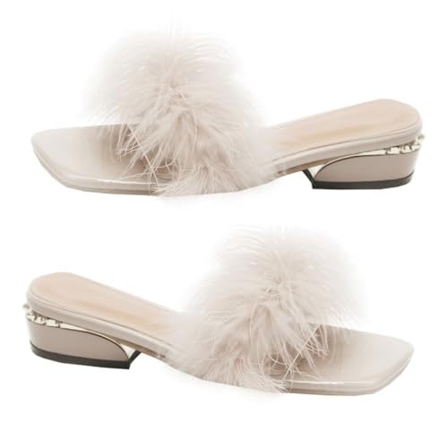 NIYANGLE Damen Hausschuhe Chunky Heel Sandals Sommer Offen Zehen PU Gummi Rutschfest Angenehm Modisch Beige Geeignet für Freizeit Drinnen Draußen von NIYANGLE