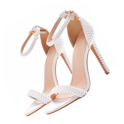 NIYANGLE Damen High Heel Sandalen Absatz Weiße Perlen Hochzeit Brautschuhe rutschfest PU Atmungsaktiv für Festliche Anlässe Party Abschlussball von NIYANGLE