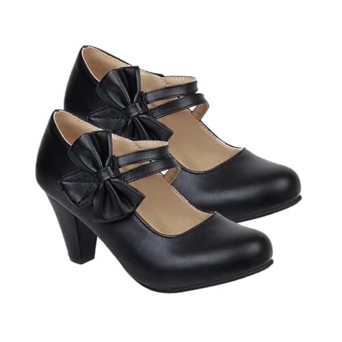 NIYANGLE Damen High Heels mit Kreativem Schleifendesign Schwarzer Pu Oberfläche Rutschfester Gummisohle Mittelhohem Blockabsatz Angenehm für Partys Büro Hochzeit und Alltag von NIYANGLE