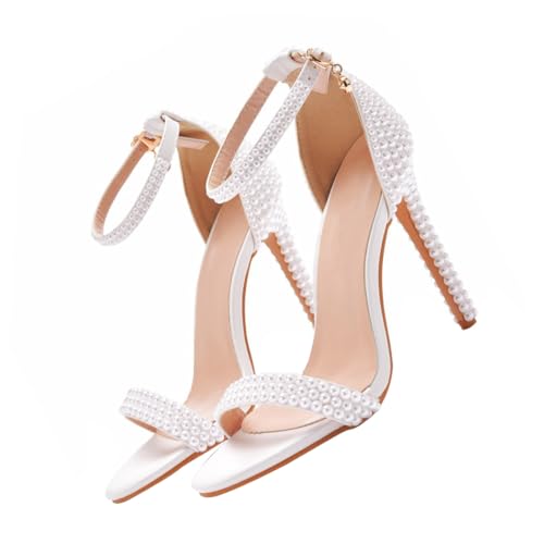 NIYANGLE Damen Hochzeitsschuhe Weiß High Heels PU Perlenbesatz Spitz Zehen rutschfeste Sandalen Für Outdoor Festliche Anlässe Brautschuhe von NIYANGLE