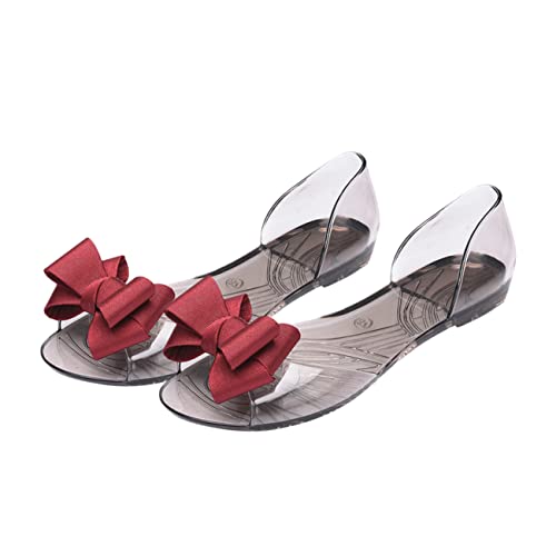 NIYANGLE Damen Jelly Sandalen Flach Sommer Strand Sandaletten mit Schleife Rutschfest Leicht und Atmungsaktiv für Frauen Rot von NIYANGLE