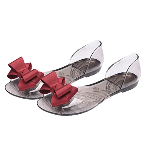 NIYANGLE Damen Jelly Shoes Sandalen mit Schleife Flache Kreative Sommer Strandschuhe Rot Leicht Auszuziehen Modisch Langlebiges Material für Strand und Alltag von NIYANGLE
