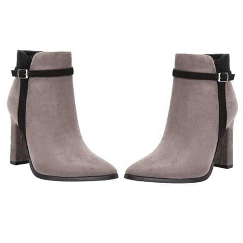 NIYANGLE Damen Kurzstiefeletten mit Zipper Spitz Zulaufend Grober Absatz Wildlederoptik Bequeme und Stabilem Halt Herbst Winter Schuhe Hellgrau von NIYANGLE