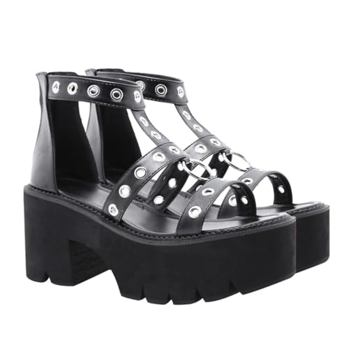 NIYANGLE Damen Open toed Sandalen mit Hohem Absatz Modische Luftige Sandaletten mit Metallring Rutschfeste Plateau schuhe Leichte Sommerschuhe für Frauen Schwarz von NIYANGLE