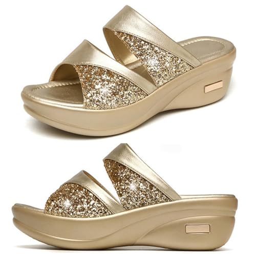 NIYANGLE Damen Sandalen Sommer Thick Wedge Slipper mit Glänzender Verzierung Dicke Keilsohle Bequemes Material Lässige und Strandtaugliche Schuhe Goldfarbene Offene Zehen von NIYANGLE