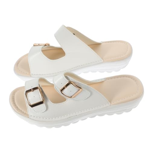 NIYANGLE Damen Sandalen Sommer Weiß Echtes Material Slipper Leicht Kühlend Wedges Sandaletten Strand Freizeit von NIYANGLE