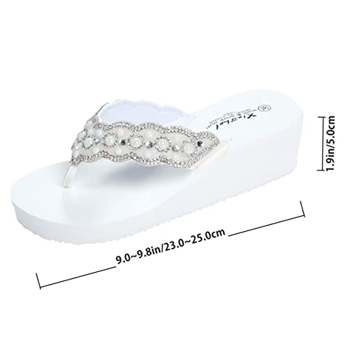 NIYANGLE Damen Sandalen Sommer Weiß Non Slip Flops mit Perlen und Diamantbesatz Bequeme Strandschuhe mit Leichtem Keilabsatz Rutschfeste Outdoor Schuhe für Freizeit und Strand von NIYANGLE