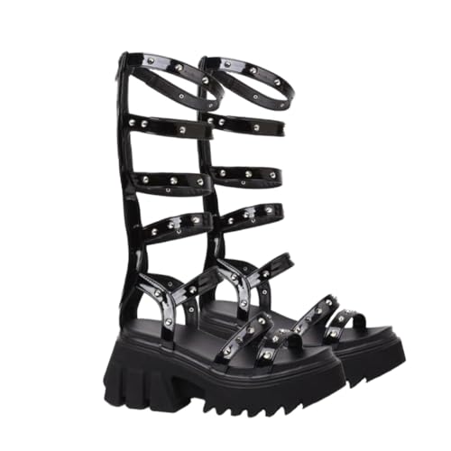 NIYANGLE Damen Sandalen mit Dickem Plateauabsatz Hohe Sandaletten mit Nietenriemen Eleganter Sommerschuh in Schwarz Modische Bequeme Plateau sandaletten für Damen und Mädchen von NIYANGLE
