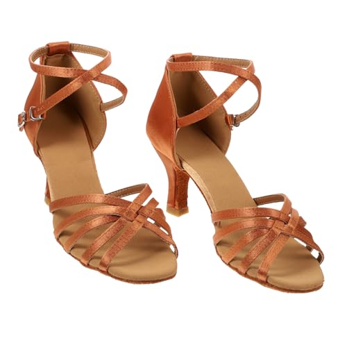 NIYANGLE Damen Satin High Heels Latein Tanzschuhe mit Knotenriemen Absatz Eleganter Schuh für Latin Dance und Festliche Anlässe Goldfarben von NIYANGLE