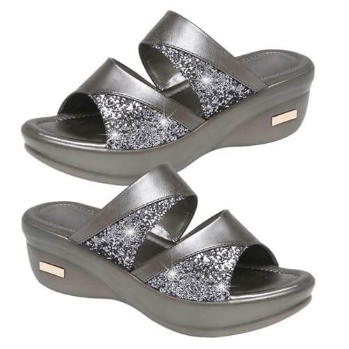 NIYANGLE Damen Sommer Slipper mit Dicker Keilsohle Modische Fischmaul-pantolette Graue Outdoor-casual Schuhe Rutschfest Angenehm für Strand und Alltag von NIYANGLE
