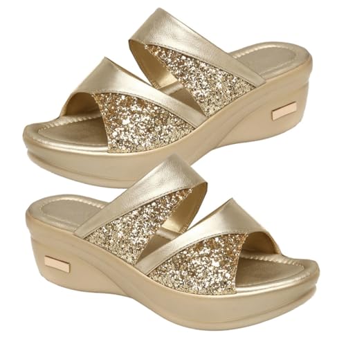 NIYANGLE Damen Sommer Slipper mit Dicker Keilsohle Offene Fischmaul Sandalen Modische Casual Wedges für Frauen Bequemes Outdoor Design Goldene Langlebiges Material Einfach Anzuziehen von NIYANGLE