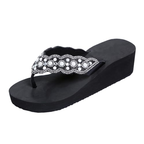 NIYANGLE Damen Strand Sandalen mit Perlen und Diamantbesatz Rutschfeste Keilabsatz Badeschuhe Sommerliche Zehentrenner für Outdoor und Modisch Schwarz von NIYANGLE