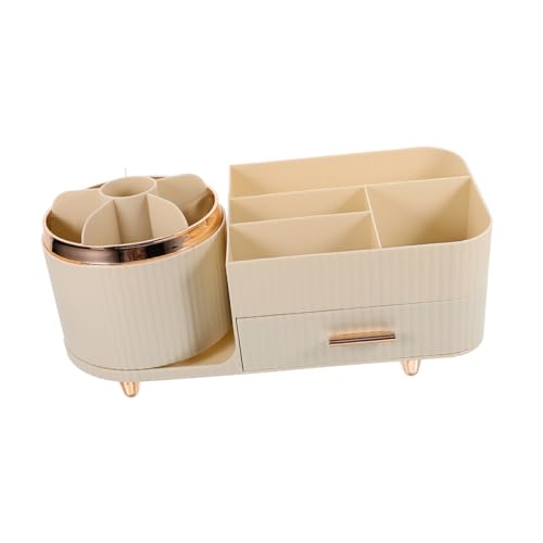 NIYANGLE Makeup Organizer Mit Drehfunktion Eleganter Desktop Kosmetikaufbewahrungshalter Mit Fächern Für Lippenstift Pinsel Und Eyeliner Für Schminktisch Und Badezimmer Cremeweiß von NIYANGLE