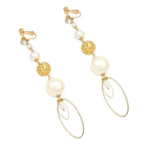 NIYANGLE Elegante Ohrclips Damen Non piercing Ohrringe mit Zarten Perlen Kettenanhänger Ovaler Ring Eardrop Schmuck für Hochzeit Party in Gold von NIYANGLE