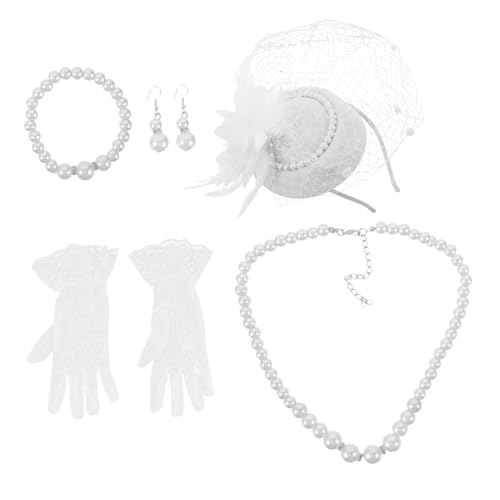 NIYANGLE Elegantes Damen-tea-party Fascinator-hut Kurzen Spitzenhandschuhen Perlenkette Armband und Ohrringen Geeignet für Hochzeiten Vintage-partys Mutter-tochter-anlässe und Festliche von NIYANGLE