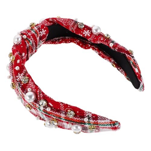 NIYANGLE Festliches Weihnachts-stirnband mit Knoten und Perlen Breites Vintage Haarband aus Stoff Robust und Modisch für Damen für Feiertage und Alltag Rot Kariert von NIYANGLE