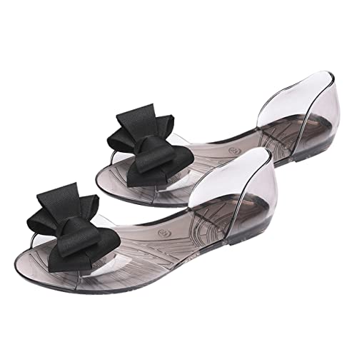 NIYANGLE Flache Damen Jelly Sandalen mit Schleife Leichte Sommer Strandschuhe Kreative Bequeme Fußbekleidung Atmungsaktiv Vielseitig Kombinierbar für Strand und Alltag Schwarz von NIYANGLE