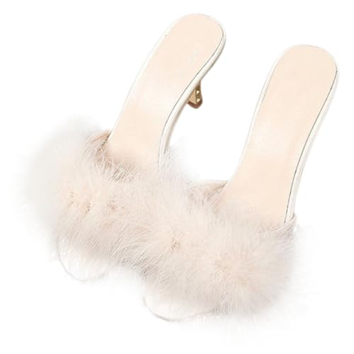 NIYANGLE Fluffige Damen Sommer Slippers mit Hohem Dünnem Absatz Rutschfeste Sohle Modische Weiße beige Sandalen Stylische Offene Zehenpantoletten für Alltag und Freizeit von NIYANGLE