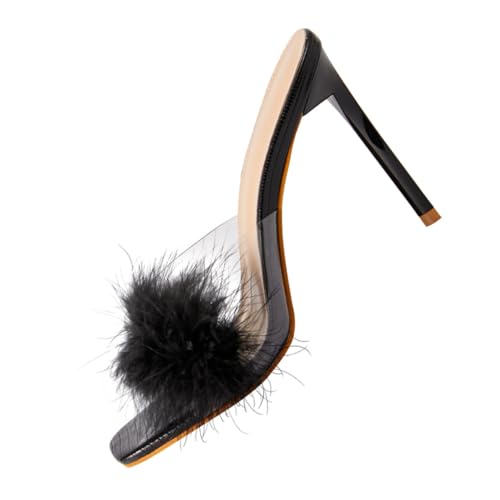 NIYANGLE Fluffy Decor Damen Sandalen mit Dünnem Absatz Quadratische Zehen Transparente Sommer pantoletten Modische High Heels Bequem und Vielseitig Kombinierbar Schwarz von NIYANGLE