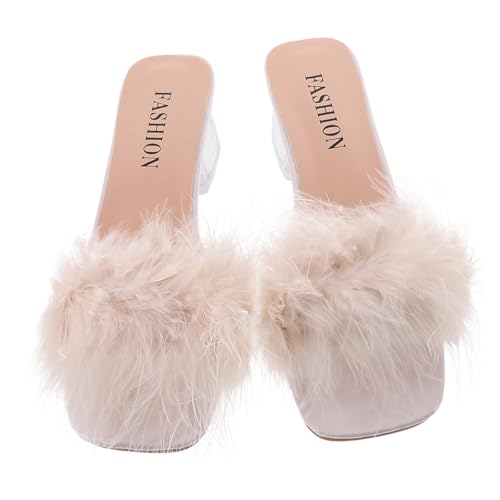 NIYANGLE Fluffy Heels Damen Slipper mit Grobem Absatz Leichte Bequeme Sommer Pantoletten Modische Flauschige Hausschuhe für Alltag und Freizeit zu Röcken und Jeans Beige von NIYANGLE