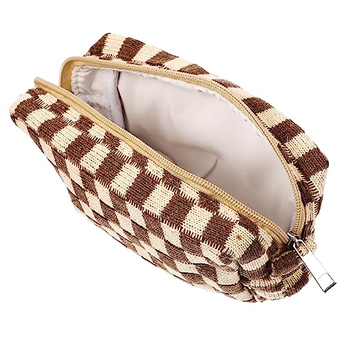 NIYANGLE Große Kariert Kosmetiktasche Aus Wollgarn Tragbare Aufbewahrung Für Reisen Waschbeutel Leicht Und Waschbar Stilvolle Make-up-Tasche Für Damen Und Mädchen von NIYANGLE