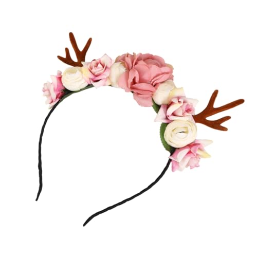 NIYANGLE Haarreif Weihnachten mit Imitationsgeweih und Blumen Elastisches Rentier Stirnband für Mädchen Festlicher Kopfschmuck für Karneval Schulaufführungen und Weihnachtsfeiern von NIYANGLE