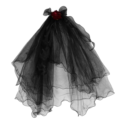 NIYANGLE Kostümschleier Mit Schwarzer Blumenkopfschmuck Und Rosen Für Halloween-party Gothic-kleid Toter Braut-kostüm Junggesellinnenabschieds-accessoires von NIYANGLE