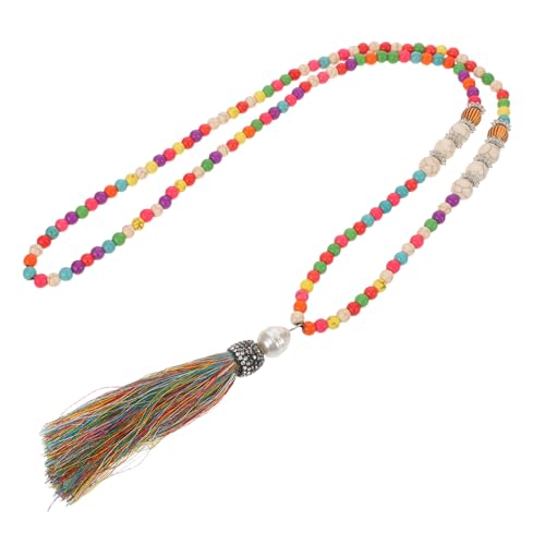 NIYANGLE Handgefertigte Boho Perlenkette Damen Bunte Lange Quasten Halskette Ethnischer Stil Schmuck Vielseitige Strickketten für Sommer Strand und Alltag Farbenfrohe Bohemian Halskette von NIYANGLE