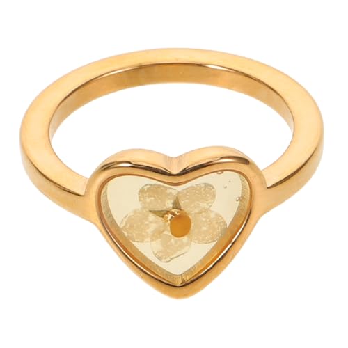 NIYANGLE Handgefertigter Getrockneter Blumenring Goldplattierter Herz-fingerreif Ästhetischer Floraler Schmuck aus Edelstahl für Damen Einzigartiges Design Vielseitig Kombinierbar Modisch von NIYANGLE