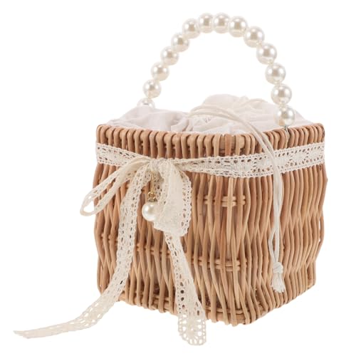NIYANGLE Handtasche aus gewebtem Stroh: Quadratische Rattan-Geldbörse mit Kunstperlen-Griff – Vintage-Korbtasche mit Schleife für Hochzeitsgäste und Brautpartys von NIYANGLE