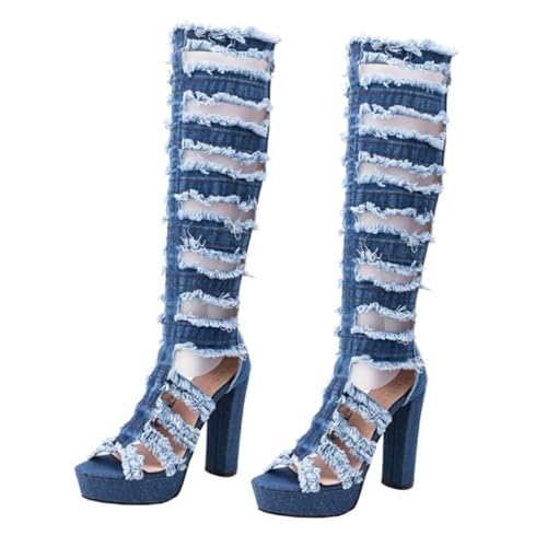 NIYANGLE High Knee Boots Damen High Heel Stiefel mit Stabilem Absatz Atmungsaktiv Elastisch und Angenehm Modische Offene Zehen für Lange Spaziergänge und Alltag Hellblau von NIYANGLE