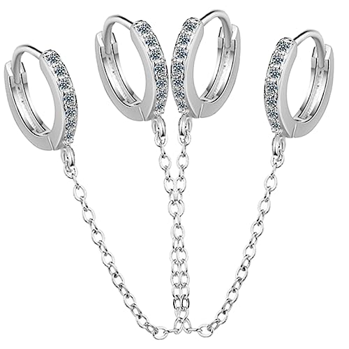 NIYANGLE Hoop Ohrringe für Frauen Silberfarbene Kupfer Creolen mit Doppel Piercing Kette und Zirkonia Langlebige Damenohrringe für Alltag Party und Besondere Anlässe von NIYANGLE