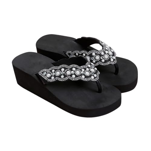 NIYANGLE Non Slip Sandalen Damen Sommer Beach Shoes mit Perlen Glitzer Bequeme Plateau Flip Flops Rutschfest Modisch Schwarz für Strand und Alltag von NIYANGLE