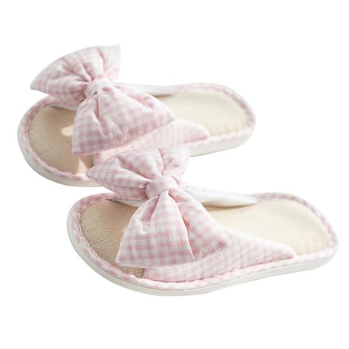 NIYANGLE Peep Toe Slipper Damen Baumwoll Leinen Material Atmungsaktiv Rutschfest Sommer Hausschuhe mit Schleifenmotiv und Gummisohle Komfortabel Modisch Leichte Rosa von NIYANGLE