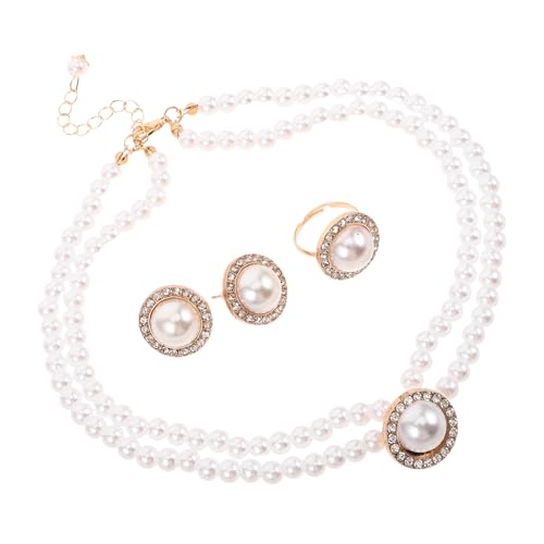 NIYANGLE Perlen Schmuckset Damen Barock Stil Imitation Perlen Halskette Ohrringe Ring Set mit Strass Hochzeits Brautschmuck für Party Büro Tragen Leicht und Angenehm von NIYANGLE