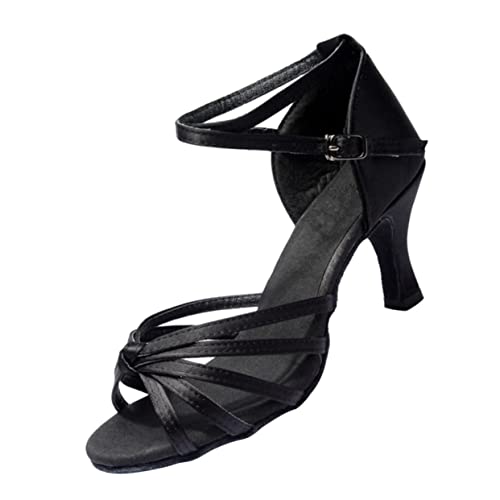 NIYANGLE Satin High Heels Damen Knöchelriemen Latein Tanzschuhe mit Absatz Schwarz Elegant für Lateinball und Besondere Anlässe von NIYANGLE
