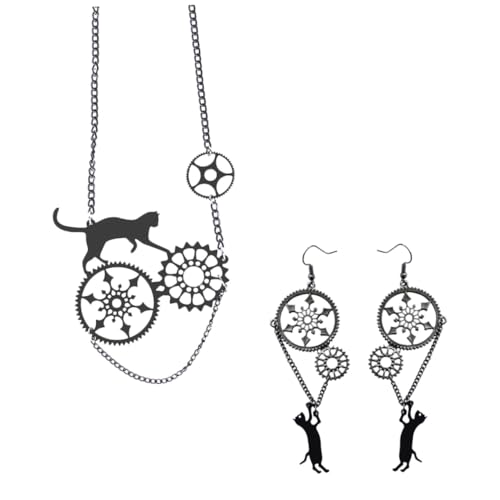 NIYANGLE Schwarzes Katzenohrring-Set mit mechanischem Design Kreative Ohrhänger und stilvolle Halskette Modisches Schmuckset für Damen für Besondere Anlässe und Alltag NIYANGLE Schwarzes Katzenohrring-Set mit mechanischem Design Kreative Ohrhänger und stilvolle Halskette Modisches Schmuckset für Damen für Besondere Anlässe und Alltag von NIYANGLE