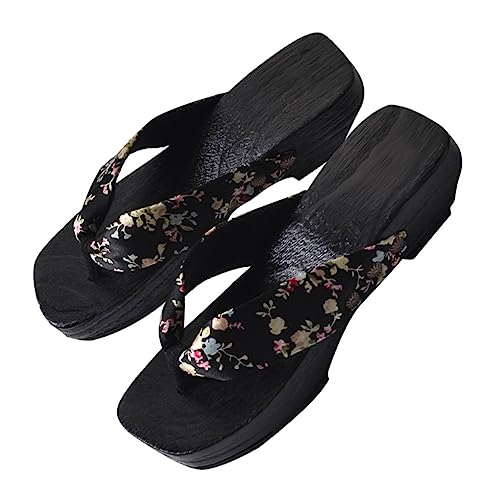 NIYANGLE Sommer Damen Holzclogs Sandalen mit Rutschfester Sohle Traditionell Japanischer Stil Bequeme Leichte Hausschuhe für Alltag und Strand in Schwarz von NIYANGLE