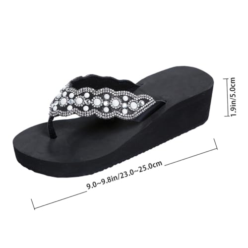 NIYANGLE Sommer Damen Sandalen Schwarz mit Perlen Wasserstrahl Verzierung Keilabsatz Rutschfeste Strand Schuhe Outdoor Flache Sommerschuhe von NIYANGLE