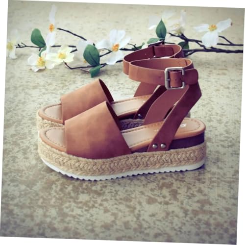 NIYANGLE Strapazierfähige Flache Sandalen Damen mit Geflochtener Strohborte Dicken Sohlen und Rutschfester Flanschsohle Atmungsaktive Sommerschuhe für Strand und Freizeit Braun von NIYANGLE