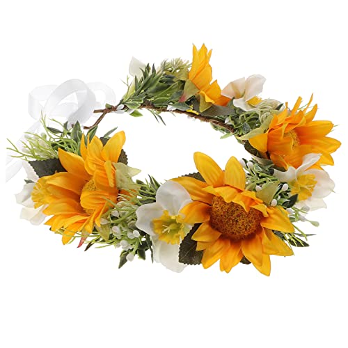 NIYANGLE Verstellbares Sonnenblumen Braut Stirnband Hochzeitskranz Haarschmuck für Feiern Strandschmuck Besondere Anlässe Handgefertigtes Blumen Haaraccessoire für Braut Freundin oder von NIYANGLE