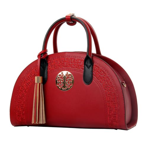 NIYANGLE Vintage Damen Schultertasche mit Chinesischem Stickmuster Stilvolle Handtasche im Ethno Stil Geräumige Umhängetasche für Büro Freizeit und Weinrot von NIYANGLE