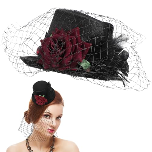 NIYANGLE Vintage Federhut mit Roter und Netzgewebe Damenkopfbedeckung für Halloween Partys und Festlichkeiten Leicht Bequem und Besondere Anlässe von NIYANGLE