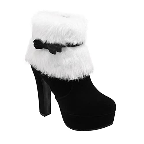 NIYANGLE Weihnachtliche Damen Ankle Boots Kurzstiefel mit Elegantem Schleifendetail Dicker Absatz für Komfort und Stabilität Kuschelig Warm für Winter und Kalte Tage Modisch und Passend zu von NIYANGLE